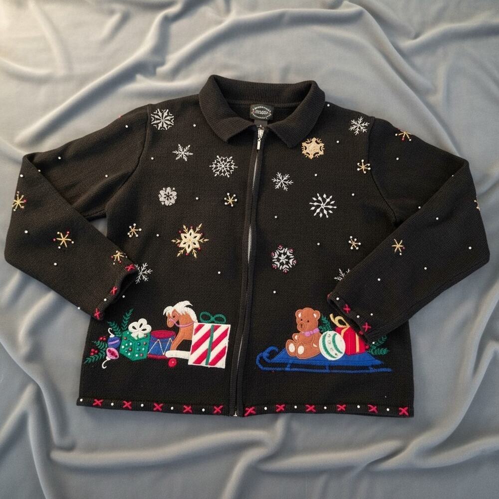 Designers Originals Studio Medium Christmas Santa Black Full Zip Beaded Cardigan